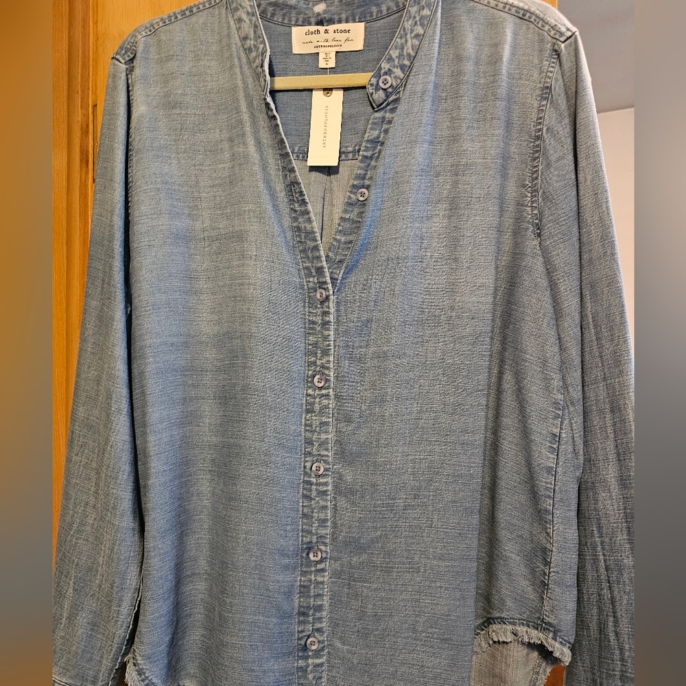 NWT Anthropologie Clothe & Stone Collarless Button Down Jean Shirt